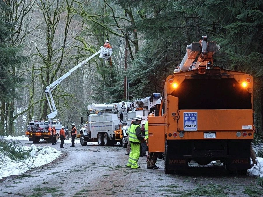 Utility crew responding to storm tree damage in the snow